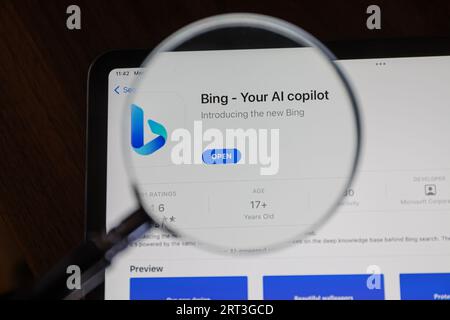 Ostersund, Sweden - Mars 6, 2023: Microsoft Bing - Your AI copilot app on an ipad. Microsoft the new Bing search, your AI-powered copilot for the web. Stock Photo