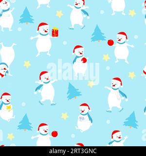 Seamless Christmas pattern of spruce, snowmen, stars on a blue background. Pattern for packaging, for Christmas gifts, for wrapping paper, flat-style Stock Vector