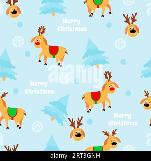 Cartoon deer,  spruce and snowflakes on a blue background. Seamless vector pattern for packaging, textiles and web design. Merry Christmas text. Stock Vector