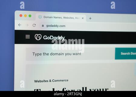 Ostersund, Sweden - Aug 30 2023: GoDaddy website. GoDaddy Inc. is an American publicly traded Internet domain registrar and web hosting company. Stock Photo