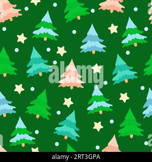 Green, blue, coral spruces and stars on a dark green background. Seamless pattern for backgrounds, packaging, textiles and web design. Stock Vector