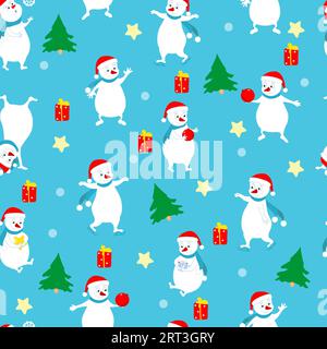 Seamless Christmas pattern of spruce, snowmen, stars on a blue background. Pattern for packaging, for Christmas gifts, for wrapping paper. Stock Vector