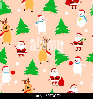 Seamless Christmas pattern fir, Santa Claus, snowmen, deers, white stars on a pink background. Pattern for packaging, for Christmas gifts. Stock Vector