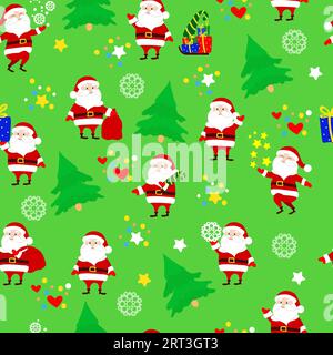Seamless Christmas pattern Santa Claus in different poses, forest firs, snowflakes, gifts, stars on a green background. Pattern for packaging. Stock Vector