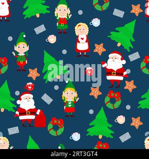 Christmas seamless pattern Santa Claus and Mrs Santa Claus, funny elves in green costumes, letter, Christmas trees, gingerbread on a dark blue backgro Stock Vector