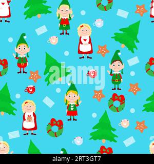 Mrs. Santa, elves, Christmas trees, gingerbread cookies and letters on a blue background. Vector seamless pattern in cartoon style. Stock Vector