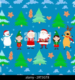 Funny snowman, Santa Claus, Mrs. Santa, elves, dancing deer, Christmas trees, gingerbread cookie and clouds on a blue background. Seamless pattern. Stock Vector