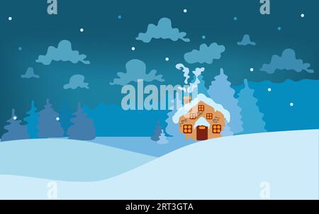 Fairytale winter landscape. A cozy house and blue spruce trees in a snowy valley under lush clouds. Vector illustration in cartoon style. Stock Vector