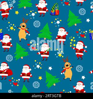 Seamless Christmas pattern Santa Claus and deer in different poses, forest firs, snowflakes, gifts, stars on a green background. Pattern for packaging Stock Vector
