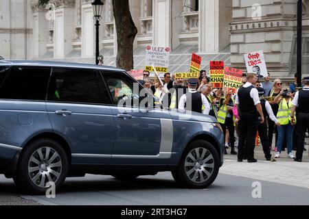 Anti Ulez protestors stage a demonstration outside Downing Street against Mayor of London Sadiq Khan’s efforts to expand the Ulez zone.   Pictured: Pr Stock Photo