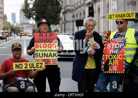 Anti Ulez protestors stage a demonstration outside Downing Street against Mayor of London Sadiq Khan’s efforts to expand the Ulez zone.   Pictured: Ac Stock Photo