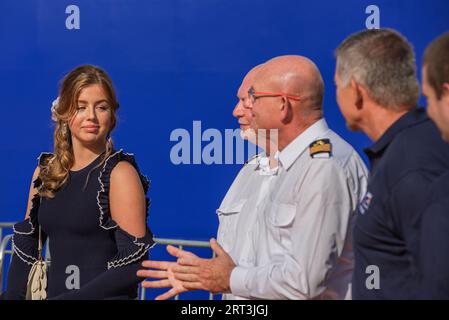 Rotterdam, Netherlands. 9th Sep, 2023. Princess Alexia of the Netherlands, on her first public engagement with the crew of the dredger during the Christening ceremony of the ''˜VOX ALEXIA' at the Cruise Termina. The dredger ''˜Vox Alexia' is named after Her Royal Highness Princess Alexia of the Netherlands, the middle daughter of King Willem-Alexander and Queen Maxima. After the christening, the Princess was given a tour of the ship and spoke with crew members and employees of the Young Van Oord association. The Vox Alexia is a trailing suction hopper dredger. This is a type of dredger Stock Photo