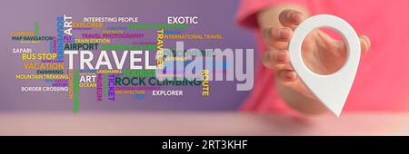 Travel planning. GPS pin symbol in hand and a word cloud on the theme of travel in different colors and sizes on a purple background. Banner on the Stock Photo