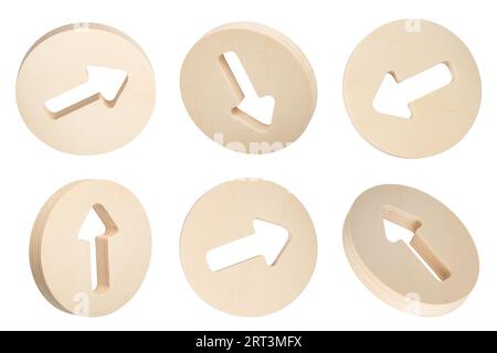 Set of wooden arrows with shadow on a white isolated background. Many arrows in circles point in different directions. Driving direction or direction Stock Photo