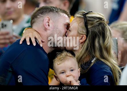 Scotland's Finn Russell with girlfriend Emma Canning and daughter Charlie after the 2023 Rugby World Cup Pool B match at the Stade de Marseille, France. Picture date: Sunday September 10, 2023. Stock Photo