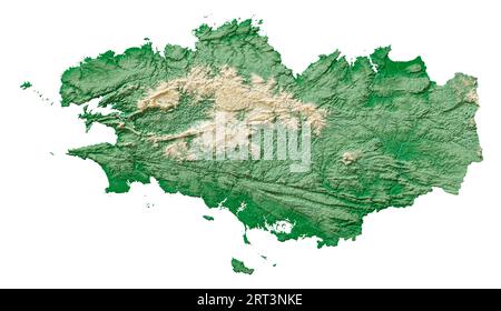 Bretagne (Brittany). A region of France. Detailed 3D rendering of a shaded relief map, rivers, lakes. Colored by elevation. Pure white background. Stock Photo