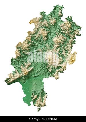 Hessen (Hesse). German state (Land). Detailed 3D rendering of a shaded relief map with rivers and lakes. Colored by elevation. Pure white background. Stock Photo