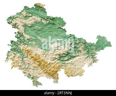 Thüringen (Thuringia). German state (Land). Detailed 3D rendering of a shaded relief map, rivers, lakes. Colored by elevation. Pure white background. Stock Photo