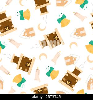Christmas winter seamless pattern with bells, gingerbread, crescent moon and candles on a white background. Stock Vector