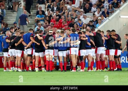 Bordeaux, France. 10th Sep, 2023. BORDEAUX, FRANCE - SEPTEMBER 10: Huddle of Wales during the Rugby World Cup France 2023 match between Wales and Fiji at Stade de Bordeaux on September 10, 2023 in Bordeaux, France. (Photo by Hans van der Valk/Orange Pictures) Credit: Orange Pics BV/Alamy Live News Stock Photo