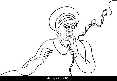 African Woman singer sing song with microphone in hands. Continuous one line drawing. Vector illustration outline art . Stock Vector