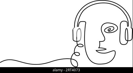 Abstract Man listening music in headphones. Continuous one line drawing. Vector illustration outline art Stock Vector