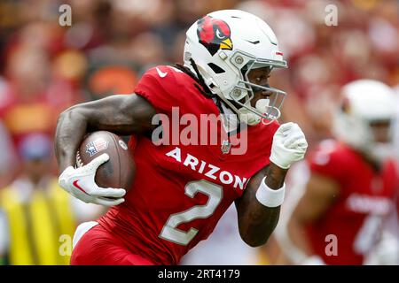 Landover, United States. 10th Sep, 2023. Arizona Cardinals wide receiver Marquise Brown (2) run the ball past the Washington Commanders at FedEx Field in Landover, Maryland on Sunday September 10, 2023. Photo by Tasos Katopodis/UPI Credit: UPI/Alamy Live News Stock Photo