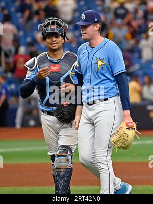 ST. PETERSBURG, FL - APRIL 24: Tampa Bay Rays Catcher Christian Bethancourt  (14) is pumped up after getting a key hit during the MLB regular season  game between the Houston Astros and