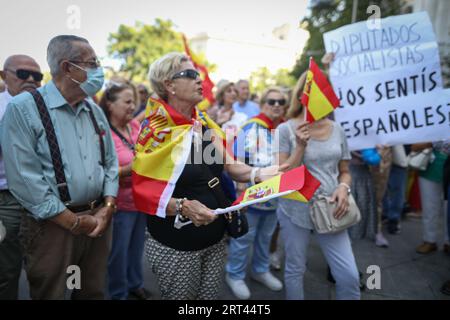 Madrid, Spain. 10th Sep, 2023. Protesters gather in front of Madrid City Hall during the demonstration . Supporters of the Spanish right have gathered at the doors of the Madrid city hall to protest against the government of the acting prime minister Pedro Sánchez and the possible amnesty in favor of the Catalan political leader Carles Puigdemont, fleeing from justice. Credit: SOPA Images Limited/Alamy Live News Stock Photo