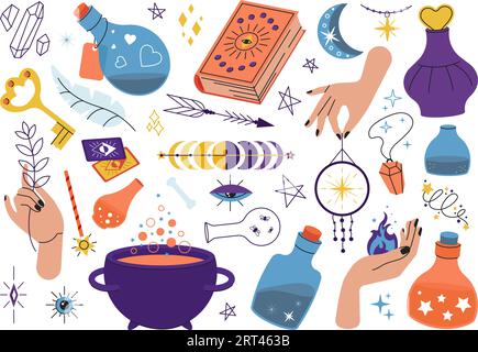 Magical doodle elements, magic poison bottles and crystal ball. Amulets, witchcraft book and giant pot, tarot cards decent vector clipart Stock Vector