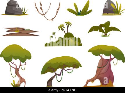 Jungle. Tropical trees bushes palm exact vector cartoon creation kit illustration Stock Vector