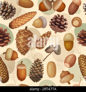 Fir cones pattern. Forest acorns collections recent vector seamless background in cartoon style Stock Vector