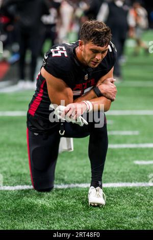 Atlanta Falcons linebacker Kaden Elliss (55) sacks Green Bay Packers  quarterback Jordan Love (10) during the first half of an NFL football game,  Sunday, Sept. 17, 2023, in Atlanta. (AP Photo/Brynn Anderson