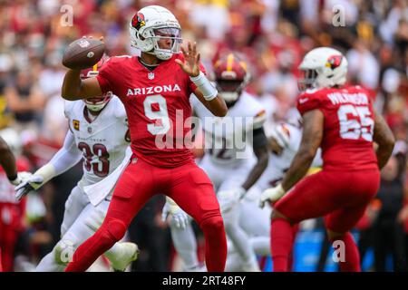 Landover, MD, USA. 10th Sep, 2023. Arizona Cardinals quarterback Joshua Dobbs (9) drops back to pass during the NFL game between the Arizona Cardinals and the Washington Commanders in Landover, MD. Reggie Hildred/CSM/Alamy Live News Stock Photo