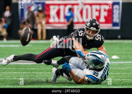 Atlanta Falcons linebacker Kaden Elliss (55) sacks Green Bay Packers  quarterback Jordan Love (10) during the first half of an NFL football game,  Sunday, Sept. 17, 2023, in Atlanta. (AP Photo/Brynn Anderson