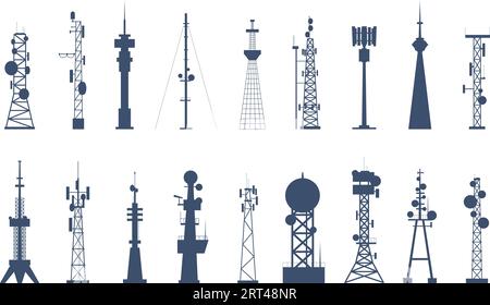 Isolated antenna tower silhouettes, 5g cell and gsm signal equipment. Communication internet towers, telecom or radio flat recent vector icons Stock Vector