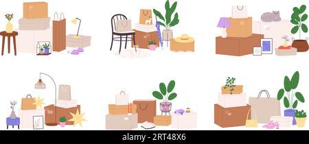 Cardboard boxes with things. Household storage, opening parcel after moving. Stuff packaging, house goods and furniture racy vector compositions Stock Vector