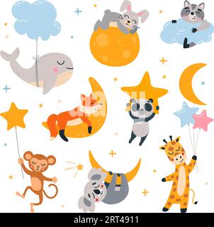 Cartoon animal sleep. Cute dream zoo baby on moon, stars and clouds. Sleeping forest animals, fox, giraffe and koala. Children classy vector Stock Vector