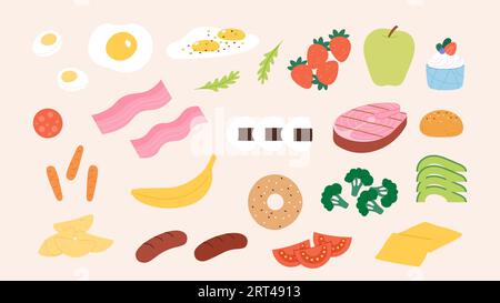 Different food. Vegetables, fruits and berry. Dairy products, eggs and sausage. Breakfast and lunch ingredients, vector flat collection Stock Vector