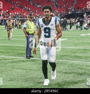 Atlanta, Georgia, USA. 10th Sep, 2023. Carolina Panthers quarterback Bryce Young (9) walks off the field after the game against the Atlanta Falcons at Mercedes-Benz Stadium. (Credit Image: © Debby Wong/ZUMA Press Wire) EDITORIAL USAGE ONLY! Not for Commercial USAGE! Credit: ZUMA Press, Inc./Alamy Live News Stock Photo