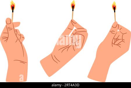 Hand holding a burning matchstick. Expressive gesture with match in fire, flame. Vector of hand with match burn isolated, illustration of flame and heat Stock Vector