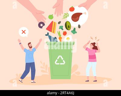 Food waste leftovers. Bad attitude to environment and foods wastage problem, hands throw organic trash plate in bin container, separated garbage vector illustration of food environmental garbage Stock Vector