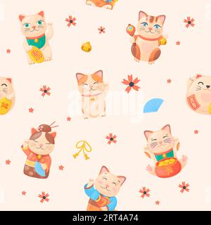 Lucky cats pattern. Japanese maneki neko kitten seamless wallpaper, chinese money fortune symbol, fortune talisman cat kawaii toys, japan souvenirs dolls neco vector illustration of kitten chinese Stock Vector