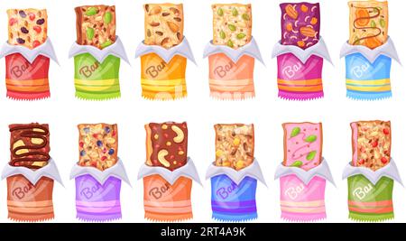 Granola bars. Cereal bar slow carbohydrates, muesli protein sport snacks with nuts oats cereal in package sugar fruit dessert natural nutrition cookie, neat vector illustration of unwrapped granola Stock Vector