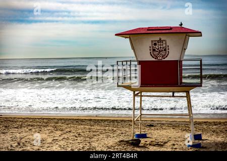 Rosarito, Mexico; September 10, 2023: Beach guard house on a beautiful beach of Rosarito in Baja California in Mexico, this is a very busy beach visit Stock Photo