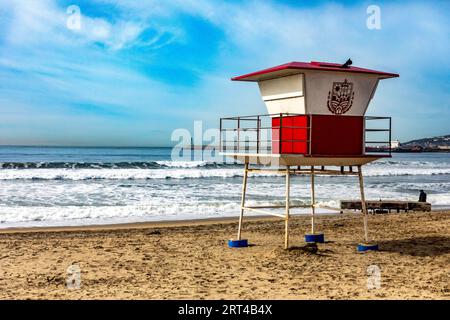 Rosarito, Mexico; September 10, 2023: A guard house of the beach guards on a beautiful beach of Rosarito in Baja California in Mexico, this is a very Stock Photo