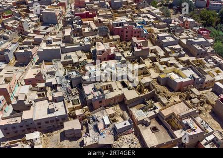 Amizmiz, Morocco. 10th Sep, 2023. (EDITOR'S NOTE : Image taken with a drone)Aerial view of buildings and houses damaged by the earthquake are seen from above. The 6.8 magnitude earthquake hit on Friday 8th September 70 km south of Marrakesh, and was one of the strongest and deadliest in Morocco's history, with a death toll of more than 2000 people and thousands of injured. (Photo by Davide Bonaldo/SOPA Images/Sipa USA) Credit: Sipa USA/Alamy Live News Stock Photo