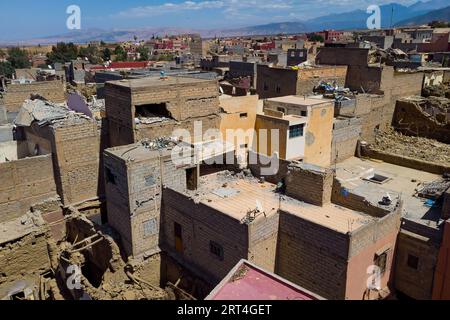 Amizmiz, Morocco. 10th Sep, 2023. (EDITOR'S NOTE : Image taken with a drone)Aerial view of buildings and houses damaged by the earthquake are seen from above. The 6.8 magnitude earthquake hit on Friday 8th September 70 km south of Marrakesh, and was one of the strongest and deadliest in Morocco's history, with a death toll of more than 2000 people and thousands of injured. (Photo by Davide Bonaldo/SOPA Images/Sipa USA) Credit: Sipa USA/Alamy Live News Stock Photo