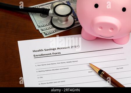 Health savings account, HSA, form with piggy bank and cash money. Health insurance, medical and dental healthcare costs concept. Stock Photo