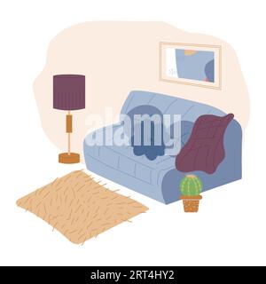 Stylish living room interior with trendy furniture. Cozy living room sofa with pillows and a floor lamp. Vector flat illustration. Stock Vector